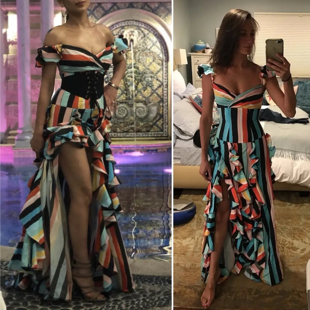 Caroline Constas Rainbow Striped Ruffle Gown Off Shoulder Size Large - Picture 9 of 16